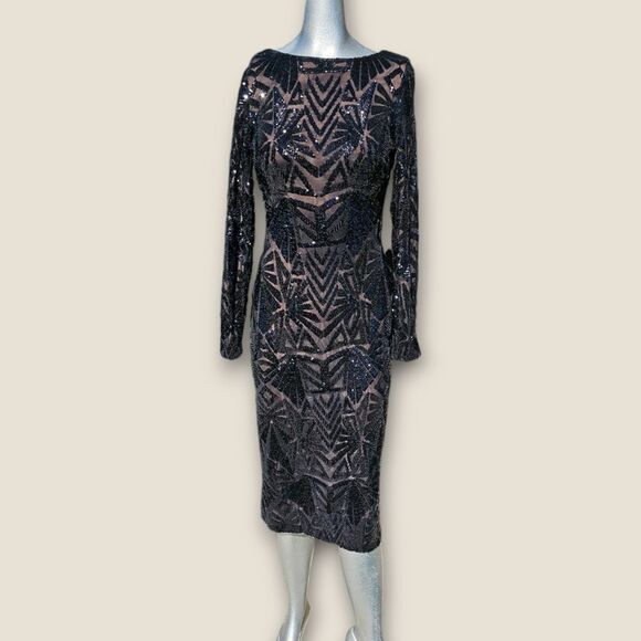 Dress the Population Emery Long Sleeve Black Sequin Cocktail Dress - Picture 5 of 16